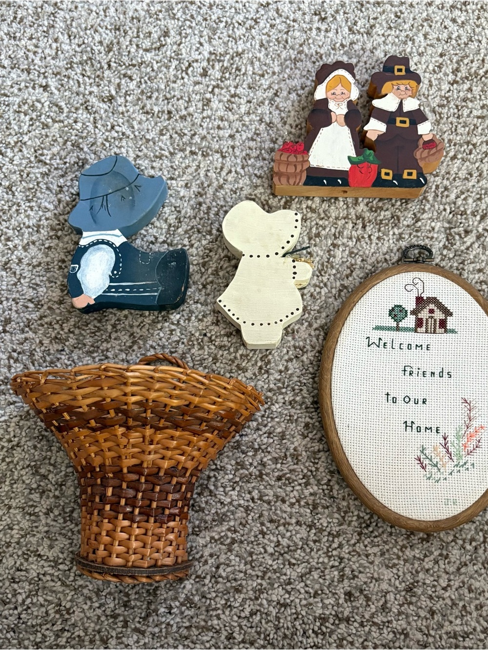 Handmade Wicker Wall Pocket Basket - Brown + Wooden Figurines + Cross stitch